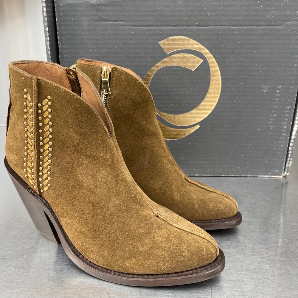 Calleen Cordero “Nikita” studded moss green suede leather boots. New in box.